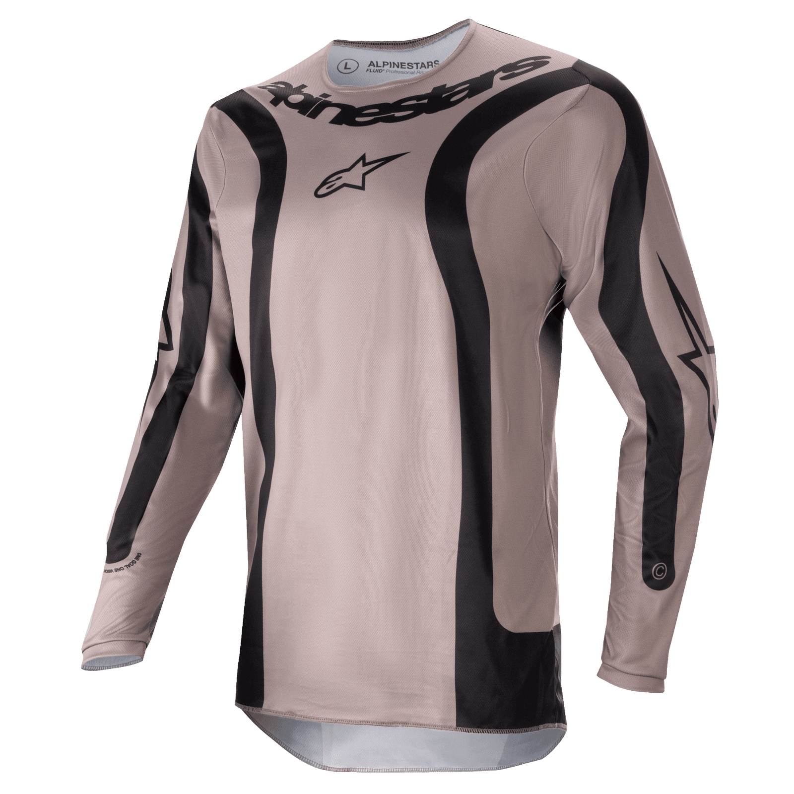Alpinestars 2024 Fluid Lurv Jersey, Motocross Jersey, Mud Black, featuring black curved graphic panels and central Alpinestars logo, lightweight breathable poly-fabric for off-road racing performance