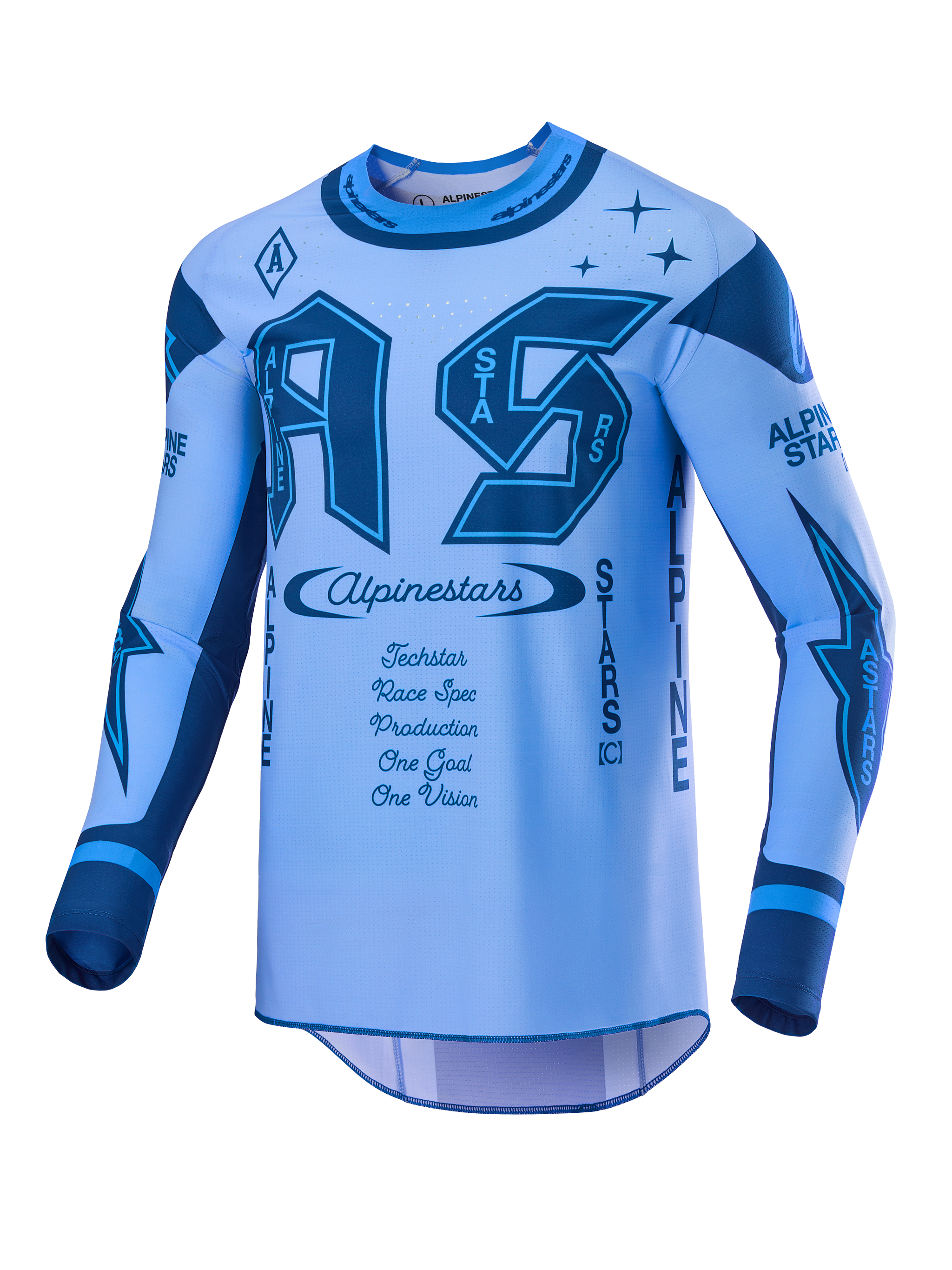 Alpinestars Limited Edition Techstar Steeler Jersey, Men's Motocross Jersey, Sapphire and Dark Blue, vented stretch fabric.