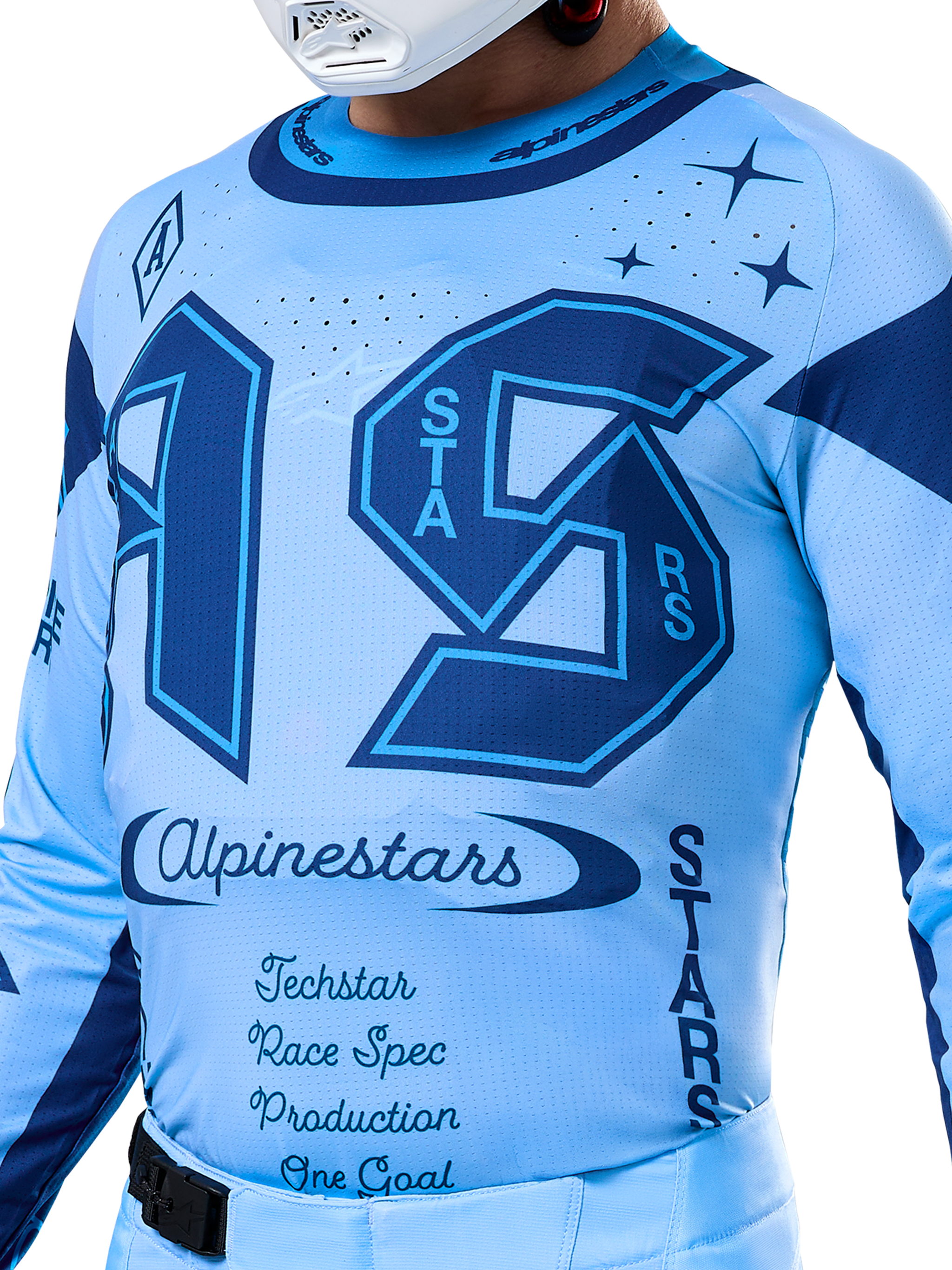 Alpinestars Limited Edition Techstar Steeler Jersey, sapphire blue motocross top with laser-cut vents and race-spec graphics.