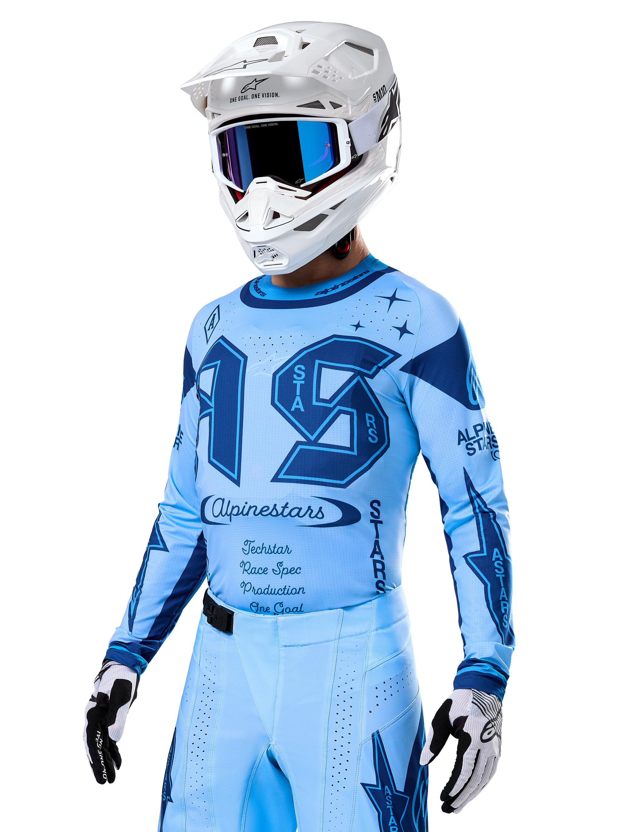 Alpinestars Limited Edition Techstar Steeler Jersey, light and sapphire blue motocross jersey with NFL-inspired graphics.