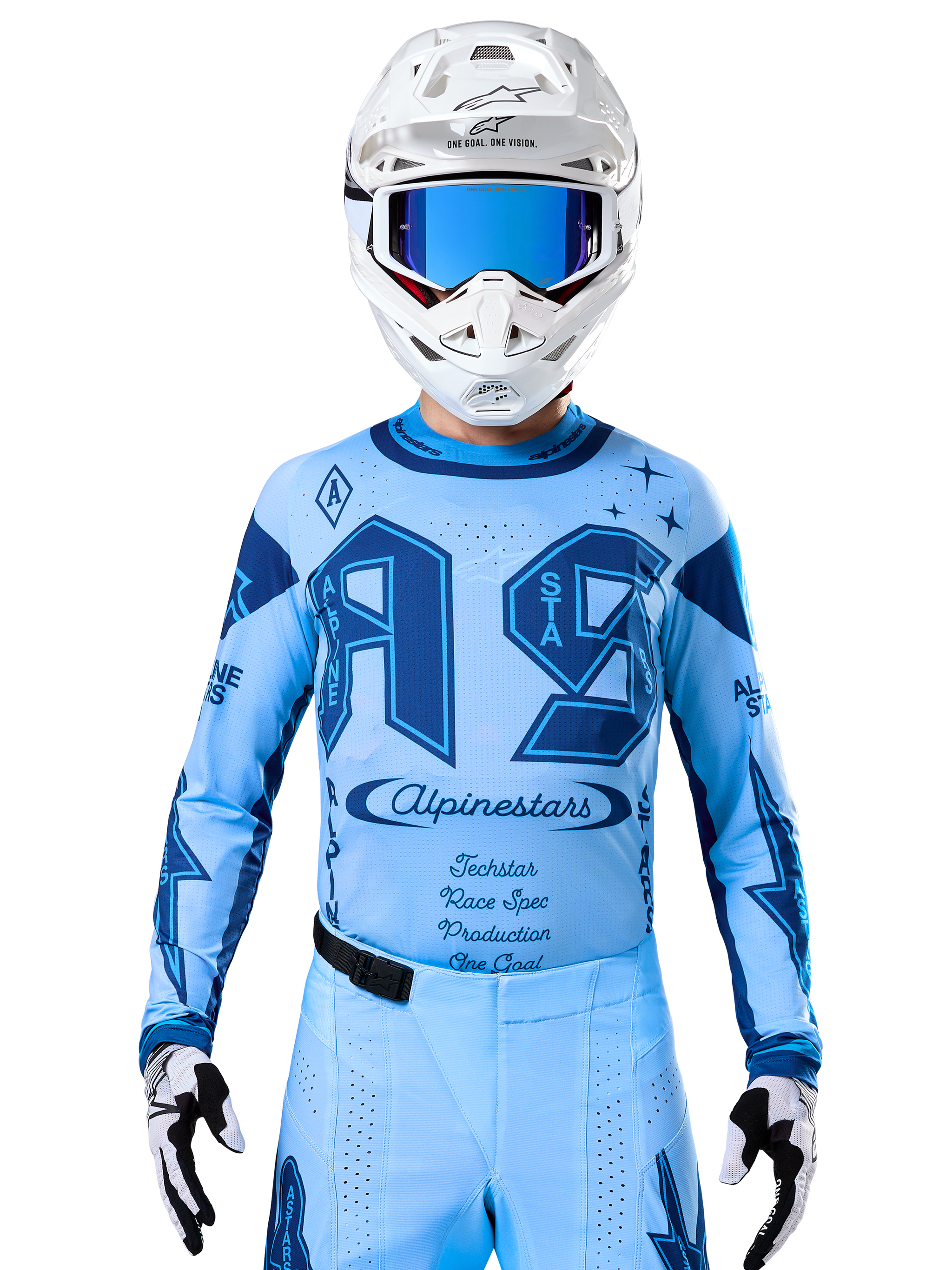 Alpinestars Techstar Steeler Jersey, sapphire and light blue, breathable motocross performance wear for off-road racing.