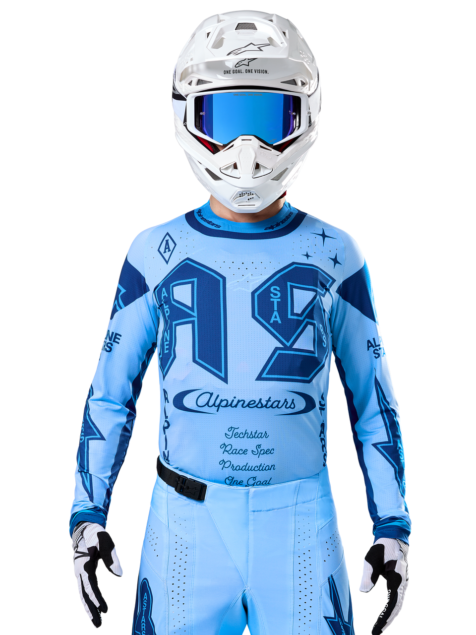 Alpinestars Techstar Steeler Jersey, sapphire and light blue, breathable motocross performance wear for off-road racing.