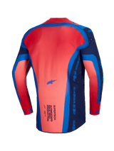 Alpinestars 2026 Supertech Vista Jersey, Motocross Jersey, Dark Navy Hot Coral and Cobalt, back view showing the extended rear profile and lightweight mesh construction