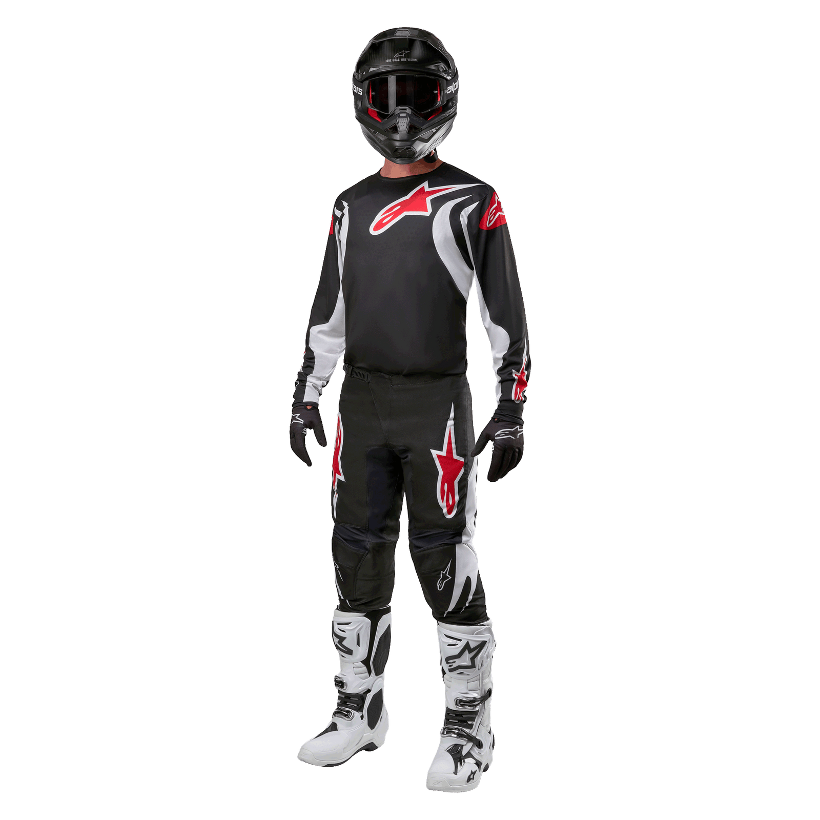 Alpinestars 2024 Fluid Lucent Jersey, Motocross Gear, Black and White, Red accents, full performance off-road kit.