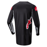 Alpinestars 2024 Fluid Lucent Jersey, black and red motocross jersey with white sleeve panels, back view with extended tail.