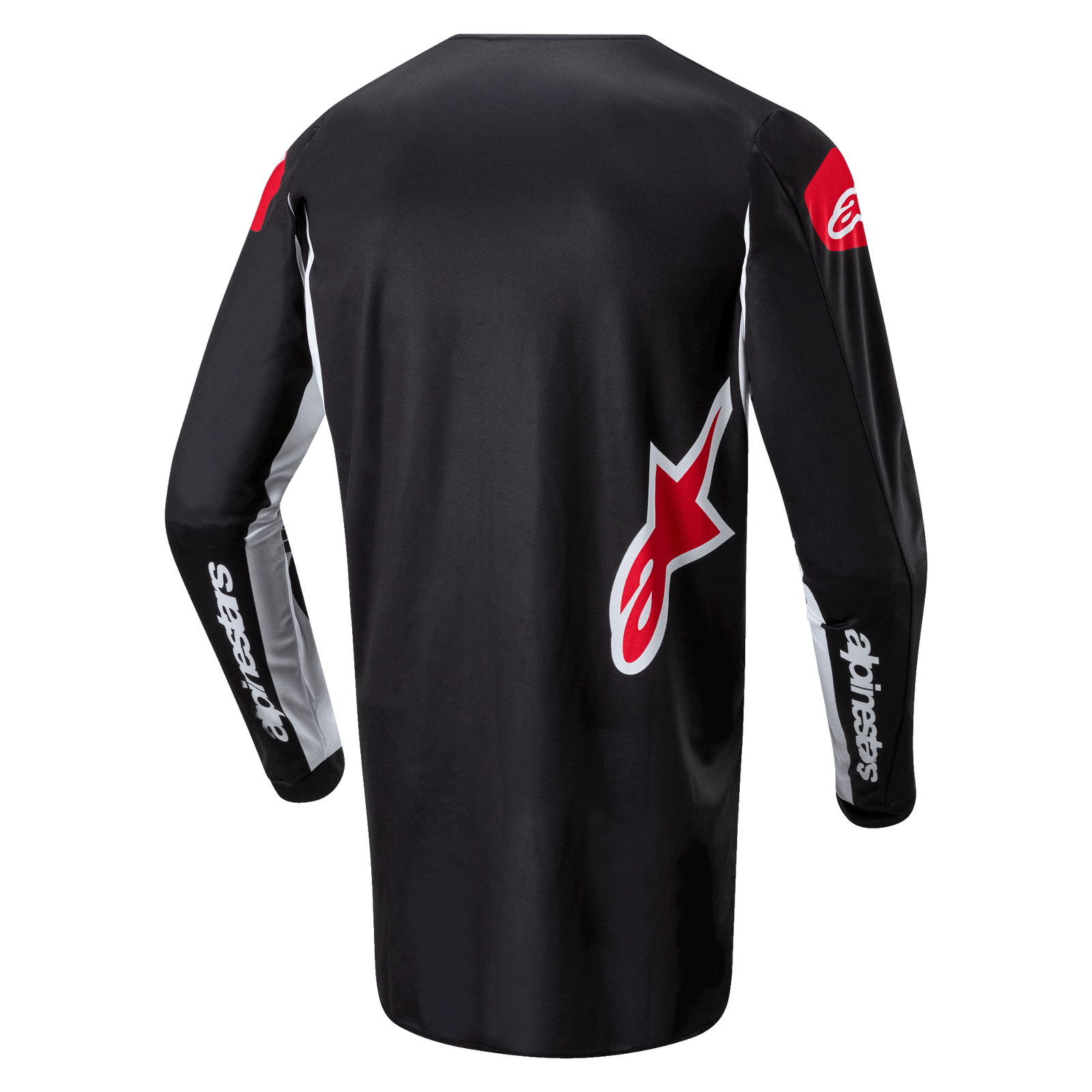 Alpinestars 2024 Fluid Lucent Jersey, black and red motocross jersey with white sleeve panels, back view with extended tail.