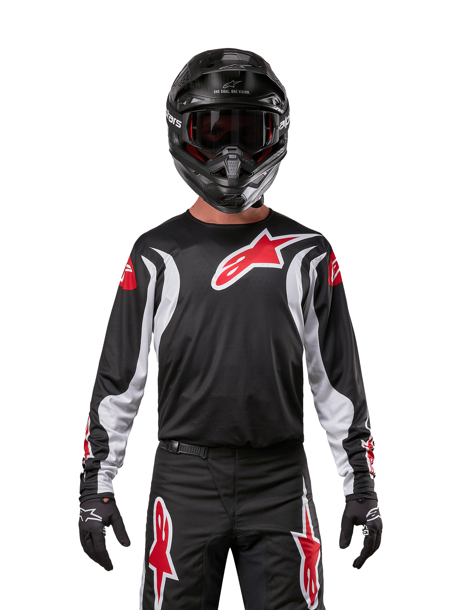 Alpinestars 2024 Fluid Lucent Jersey, Motocross Racing, Men, Black and White with Red logos, breathable poly-fabric chassis.