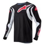 Alpinestars 2024 Fluid Lucent Jersey, Men's Motocross Jersey, Black and White with Red Logo, breathable poly-fabric.