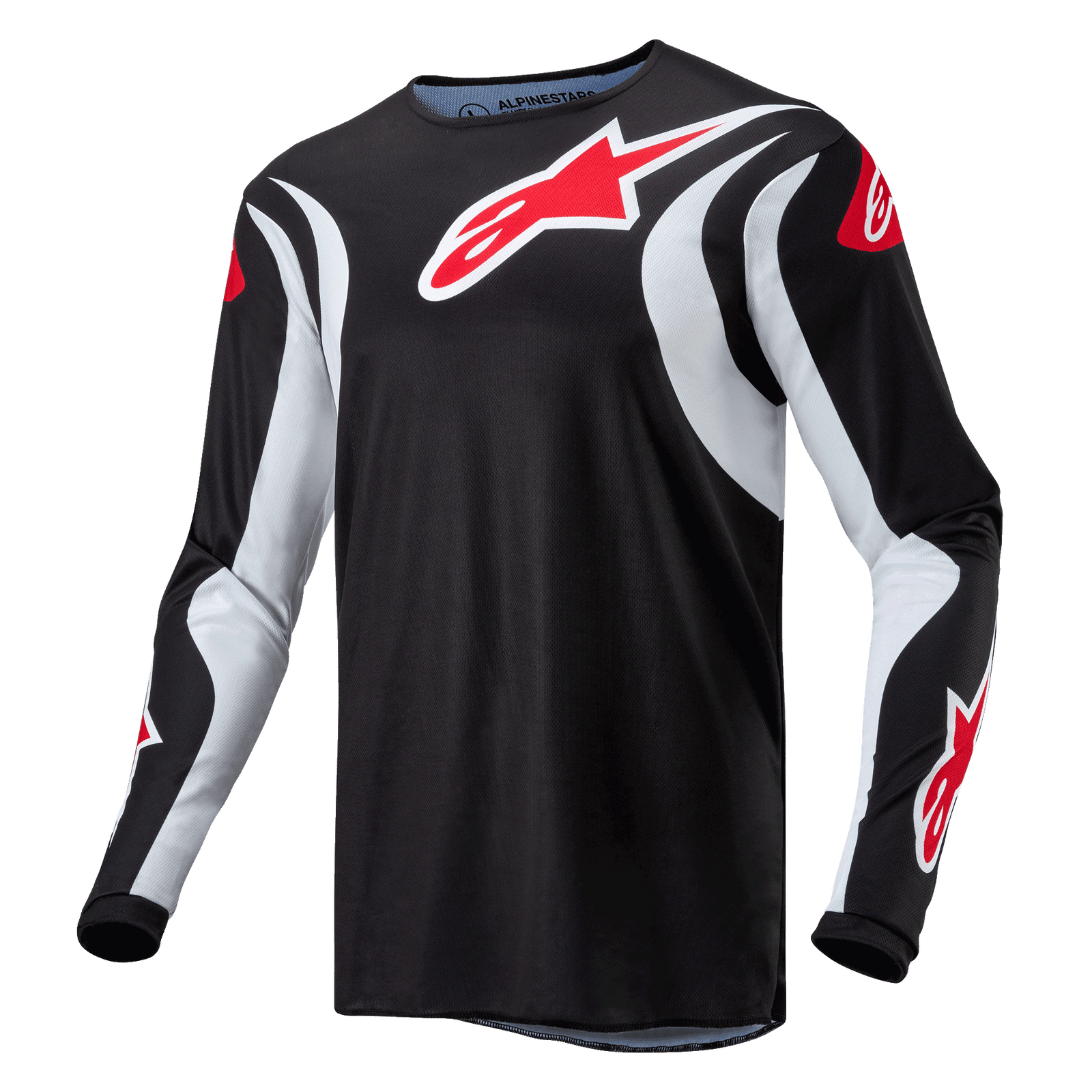 Alpinestars 2024 Fluid Lucent Jersey, Men's Motocross Jersey, Black and White with Red Logo, breathable poly-fabric.