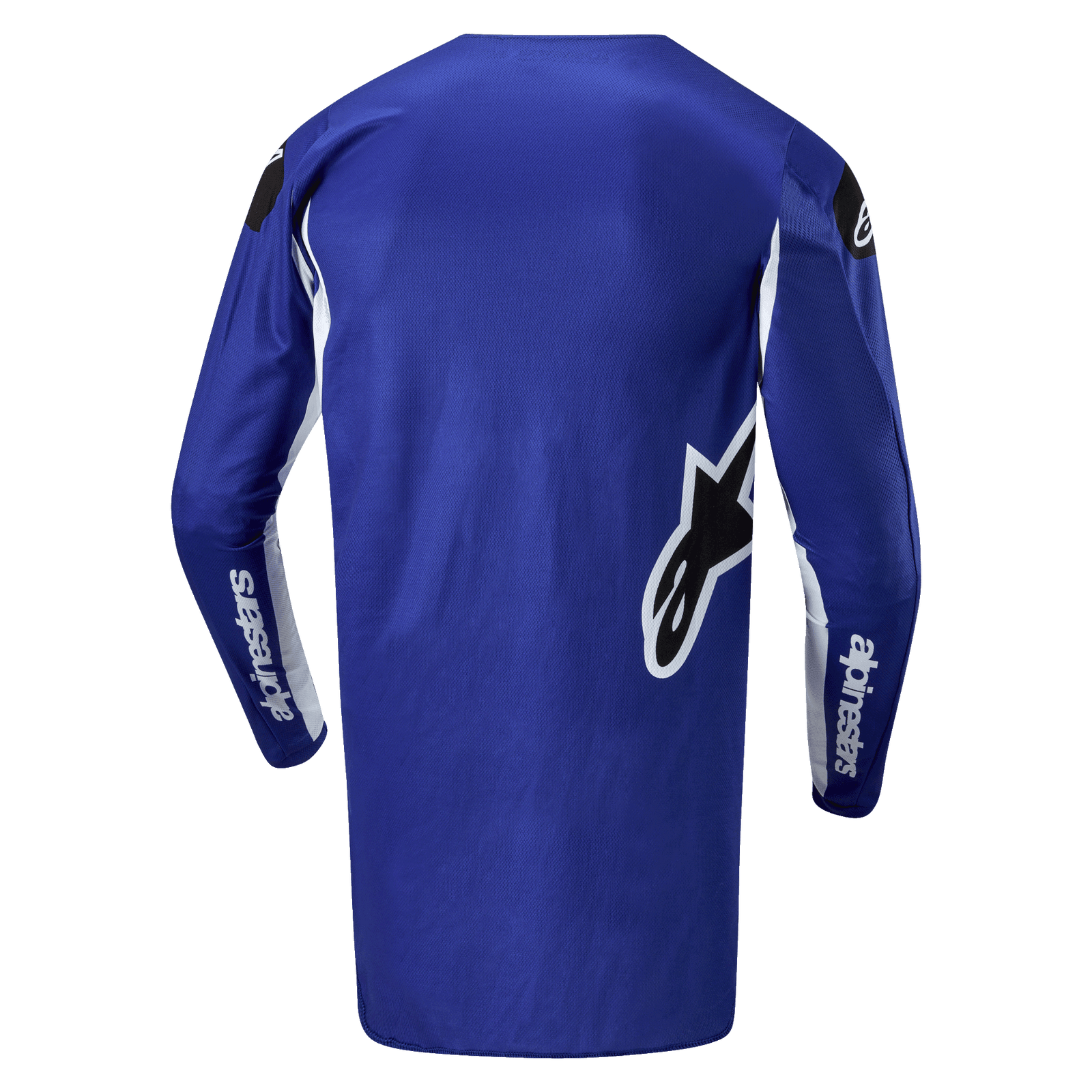 Alpinestars 2024 Fluid Lucent Jersey, Blue and White Men's Motocross Jersey with an extended rear hem for off-road riding.