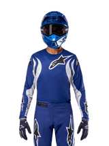 Alpinestars 2024 Fluid Lucent Jersey, Men's Motocross Jersey, Blue Ray and White, lightweight poly-fabric gear on rider.