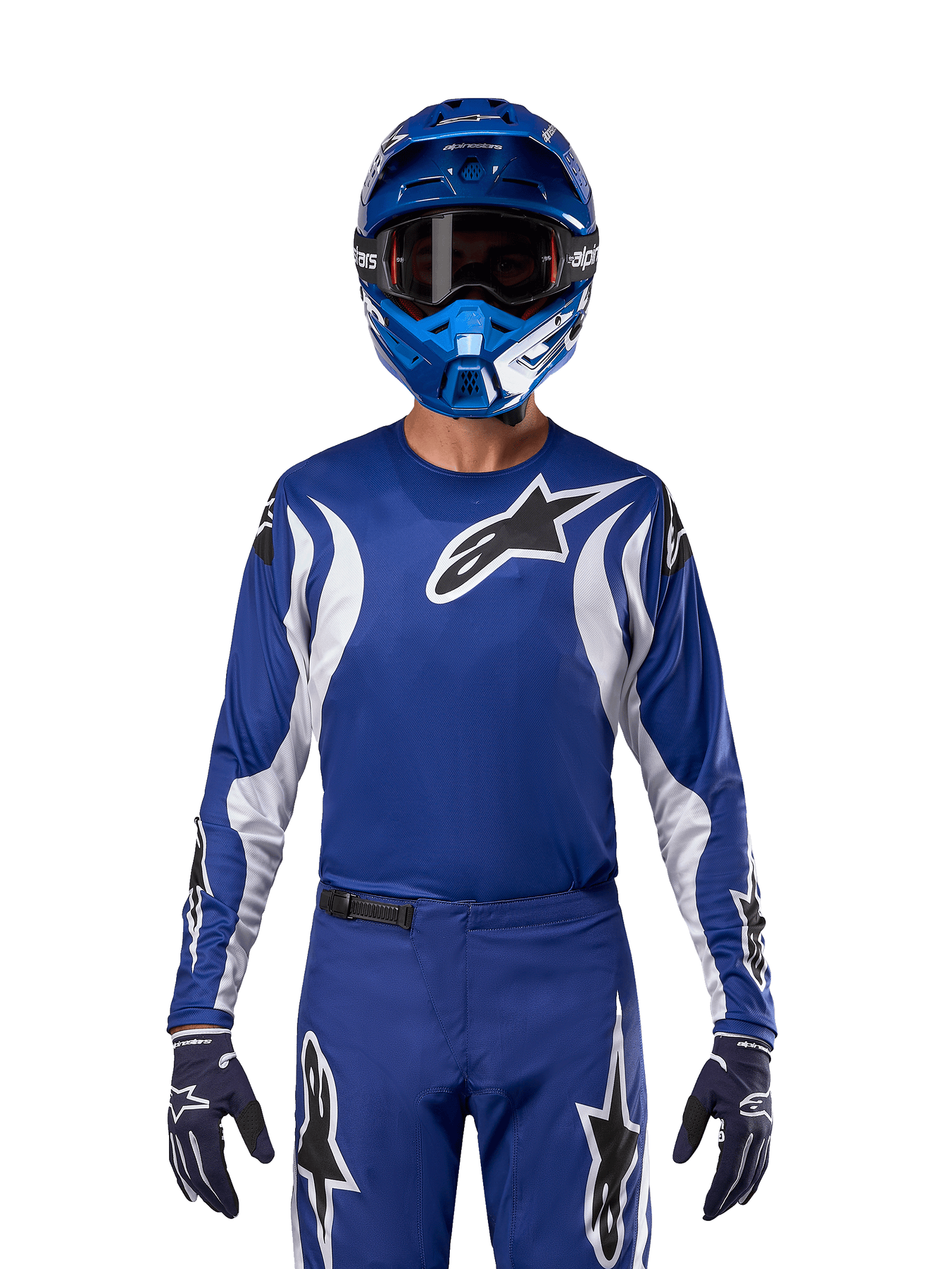 Alpinestars 2024 Fluid Lucent Jersey, Men's Motocross Jersey, Blue Ray and White, lightweight poly-fabric gear on rider.