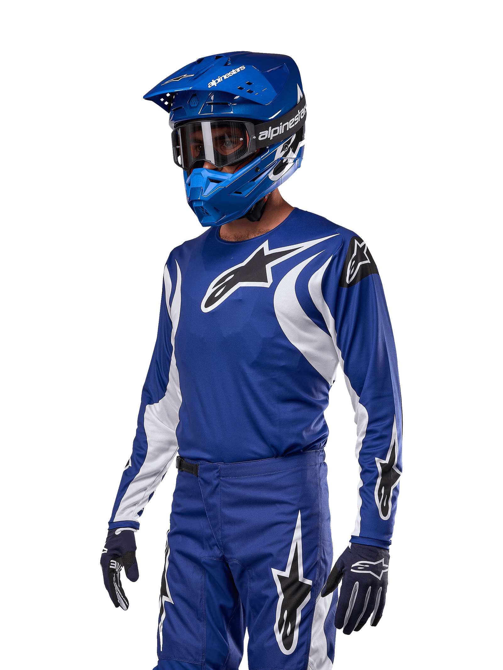 Alpinestars 2024 Fluid Lucent Jersey in Blue and White, worn for performance motocross and off-road riding.