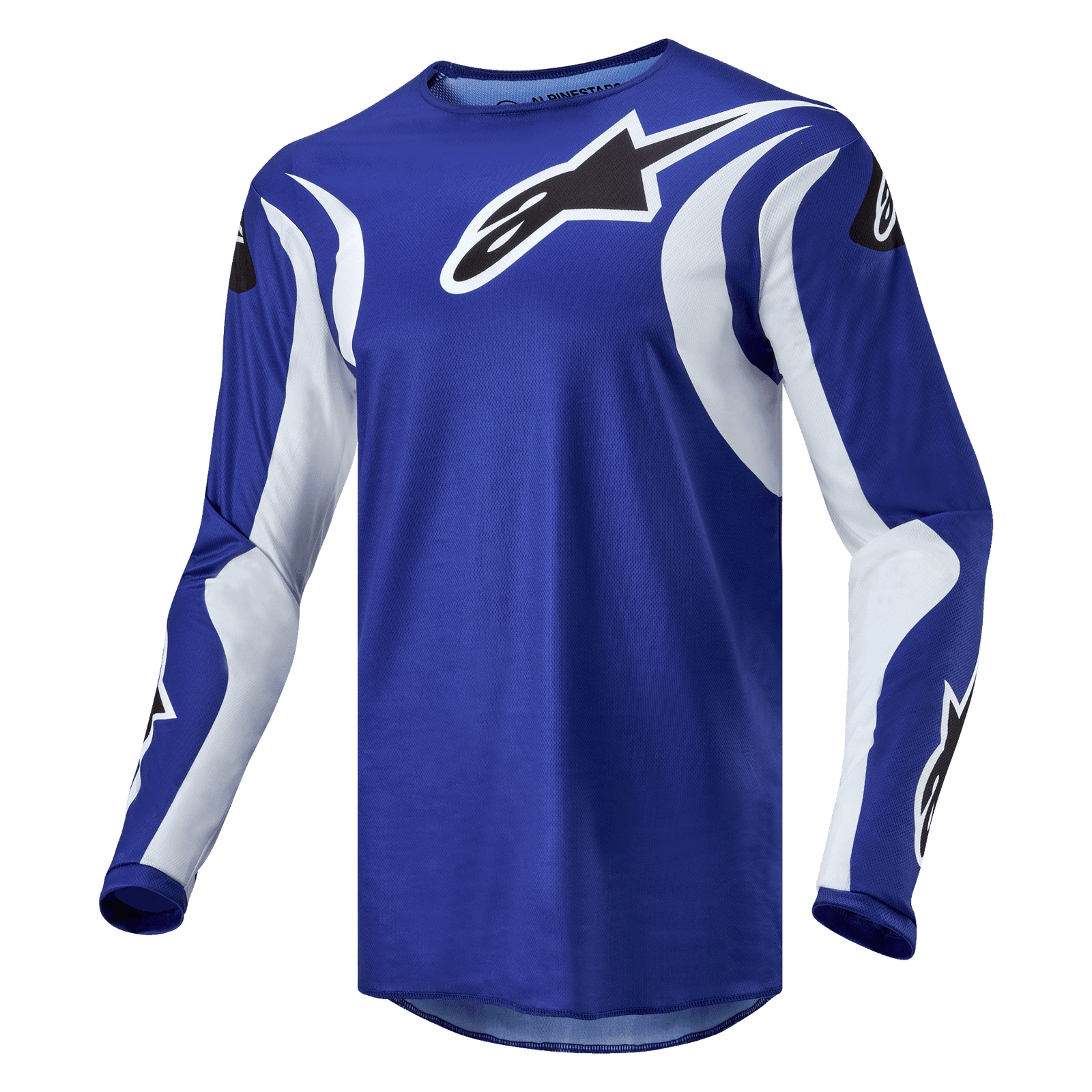 Alpinestars 2024 Fluid Lucent Jersey, Men's Motocross Jersey, Blue and White, breathable poly-fabric construction.