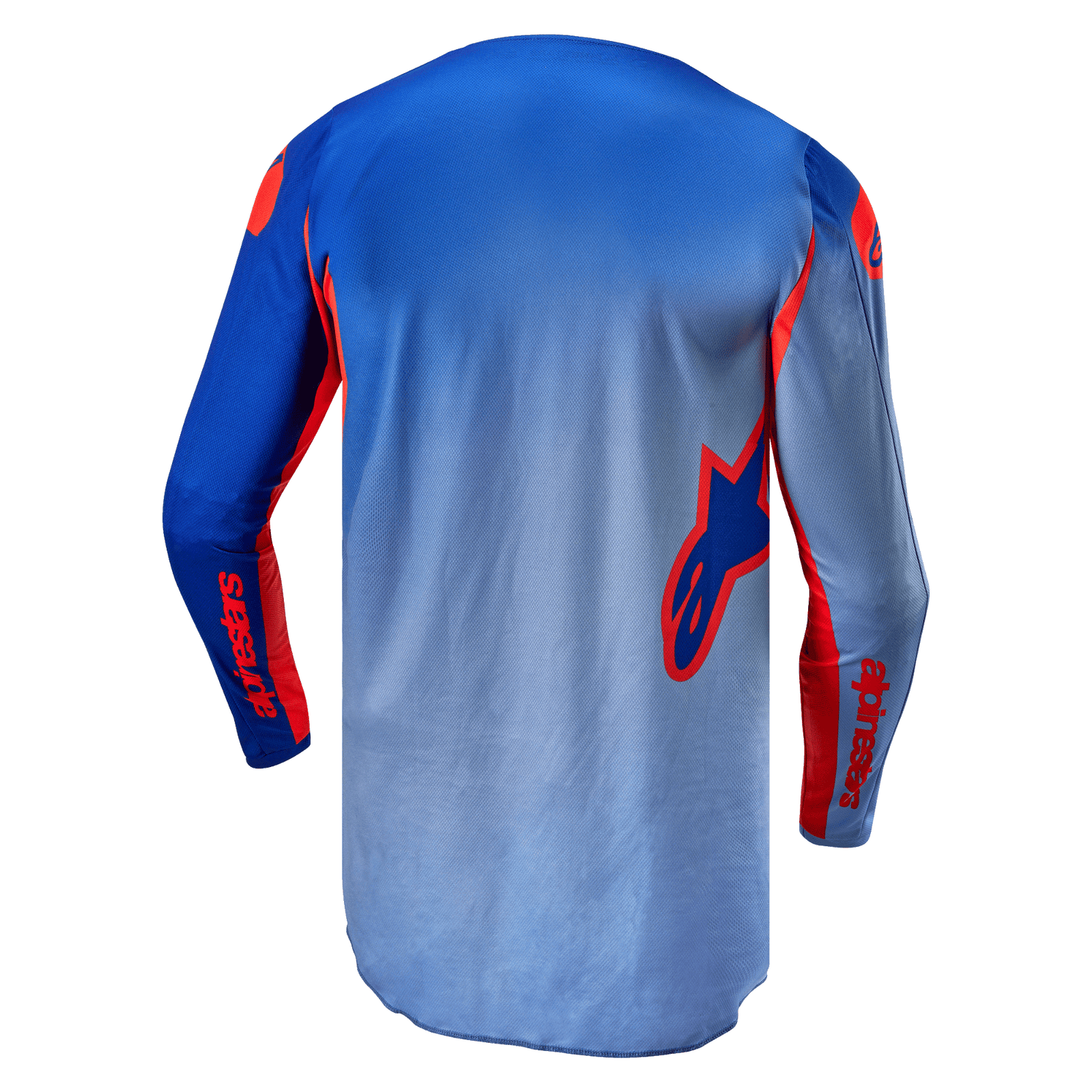 Alpinestars 2024 Fluid Lucent Jersey, Motocross Riding, Blue and Orange, breathable poly-fabric with a dropped tail.