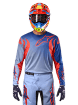 Alpinestars 2024 Fluid Lucent Jersey, Blue and Hot Orange, men's motocross jersey in breathable poly-fabric, studio view.