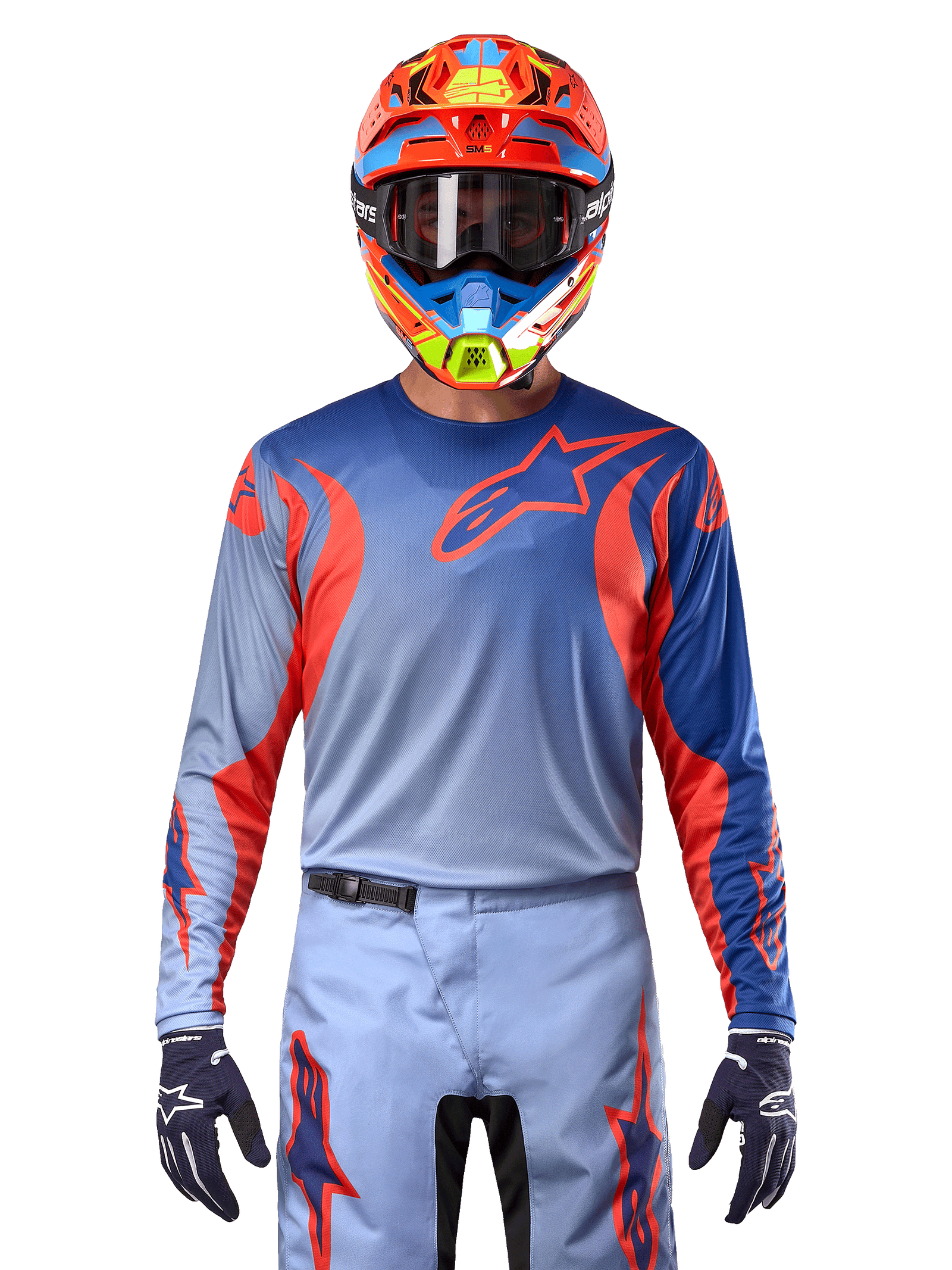 Alpinestars 2024 Fluid Lucent Jersey, Blue and Hot Orange, men's motocross jersey in breathable poly-fabric, studio view.