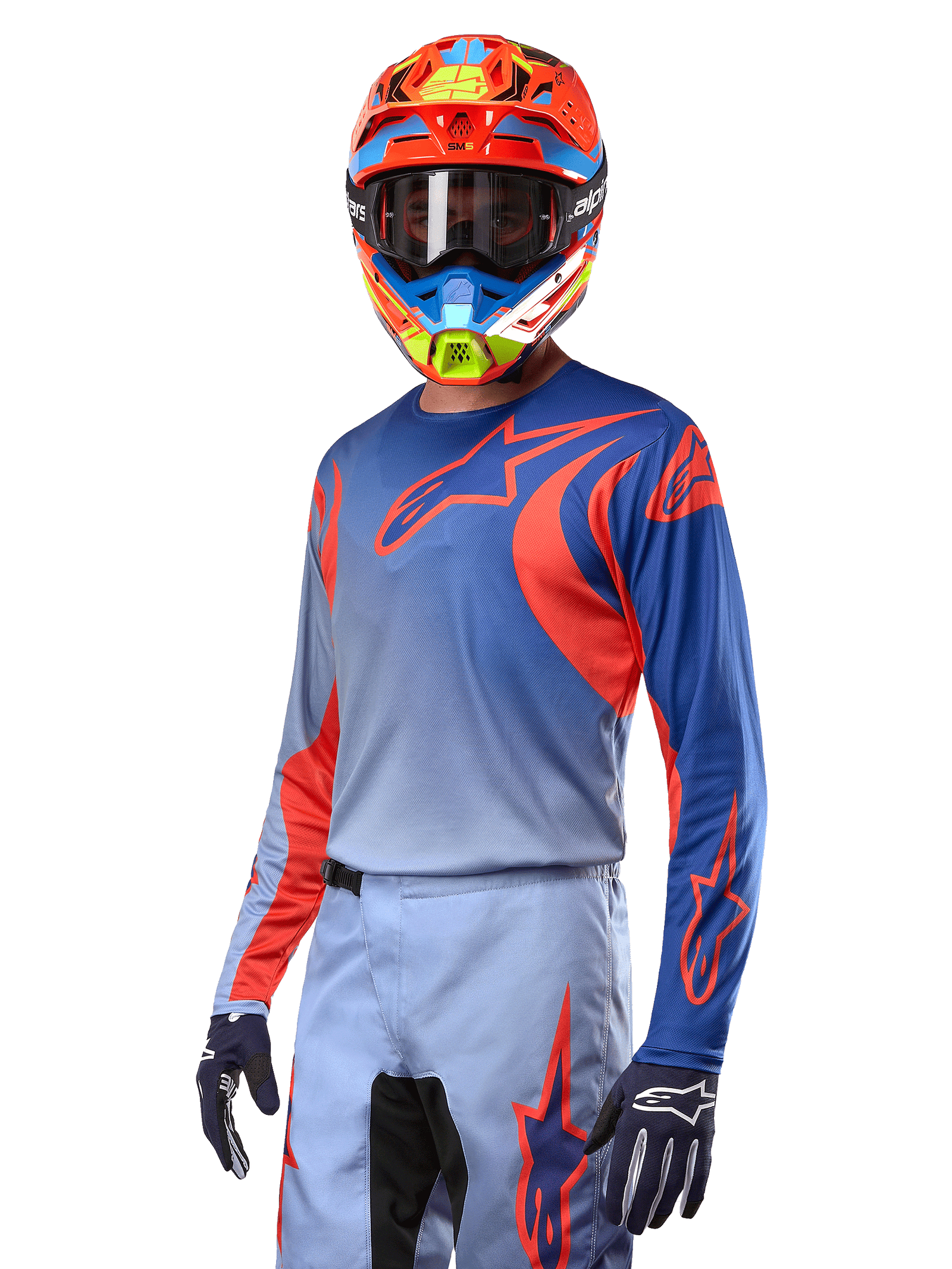 Alpinestars 2024 Fluid Lucent Jersey, Motocross Racing, Man, Blue and Hot Orange, breathable poly-fabric, worn with helmet.