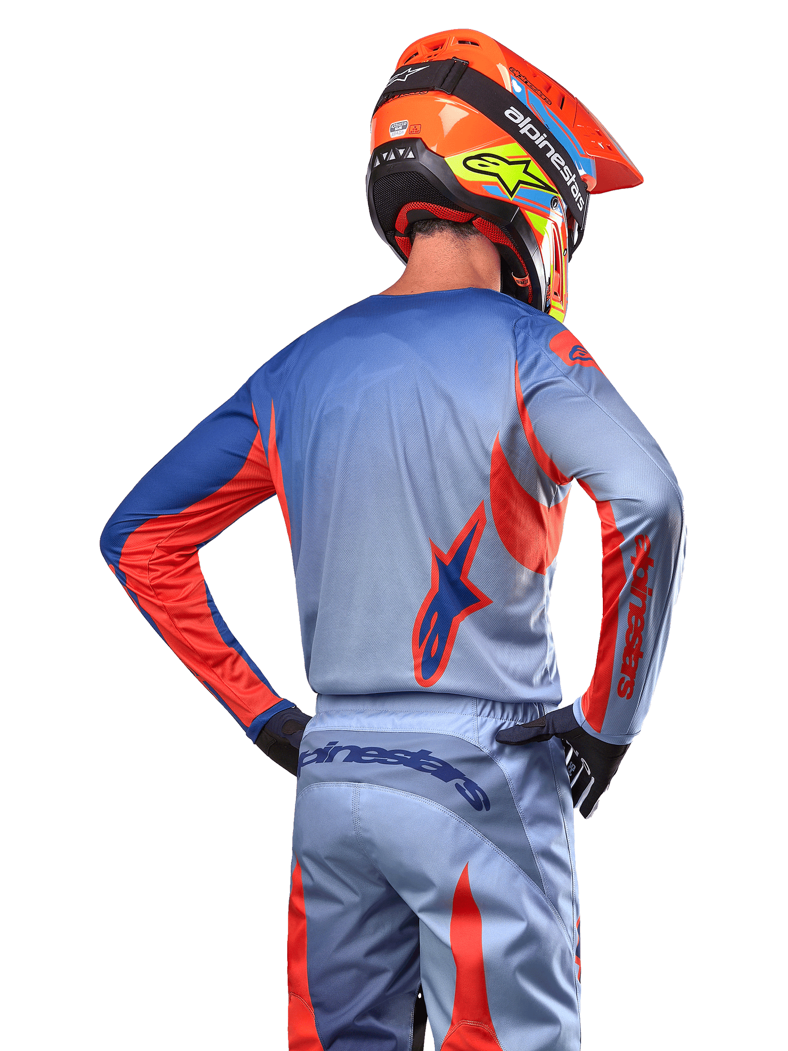 Alpinestars 2024 Fluid Lucent Jersey, Motocross Racing, Men, Blue and Hot Orange, moisture-wicking poly-fabric, featuring ergonomic cut and drop tail, back view on rider.