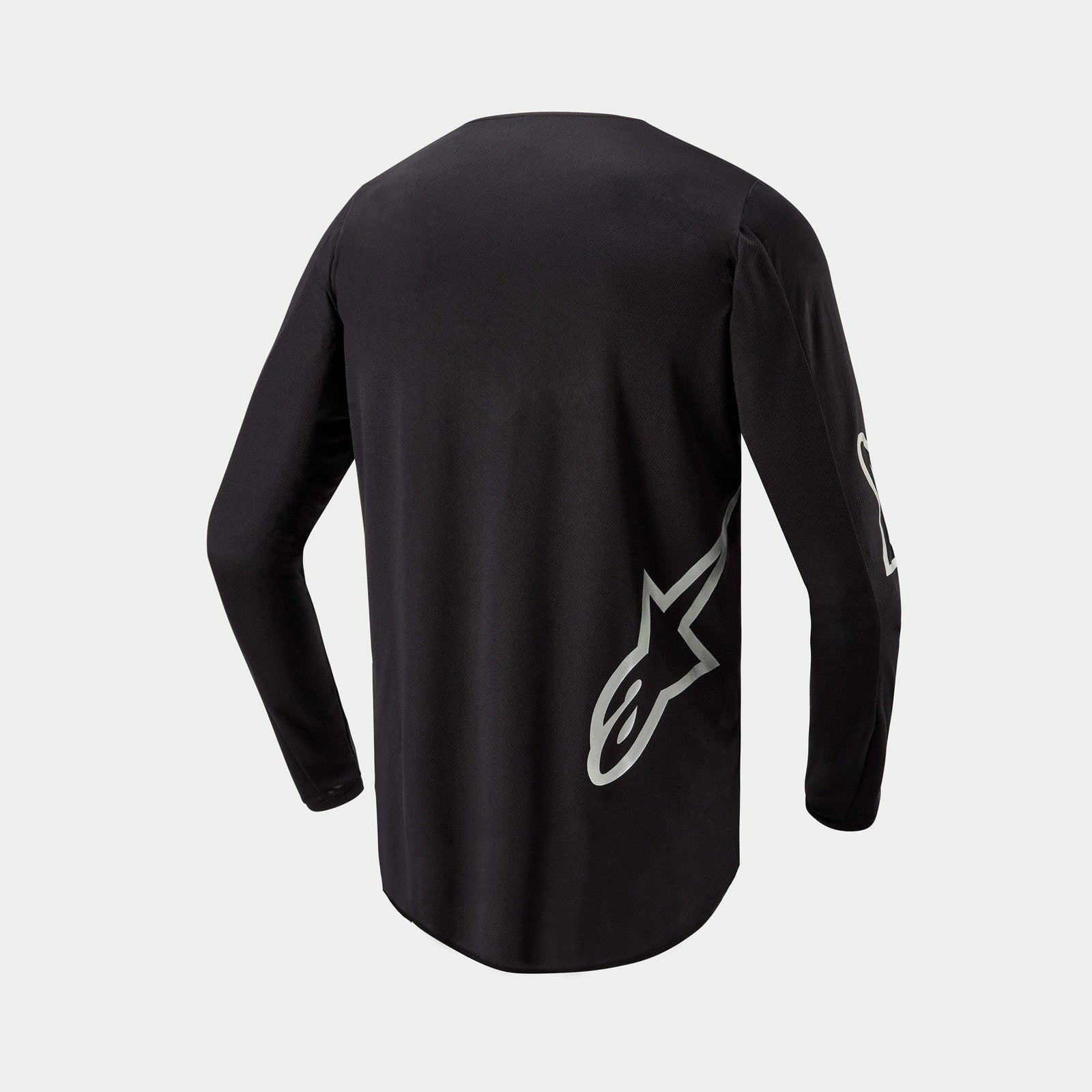 Alpinestars 2024 Fluid Graphite Jersey, Motocross Jersey, Black and Silver, back view featuring a silver star logo on the lower side, long sleeve design with an extended drop tail for off-road riding coverage.