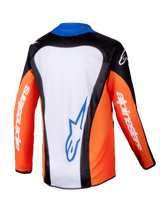 Alpinestars 2025 Youth Racer Melt Jersey, Motocross Jersey, Orange Blue and White, rear view showing white back panel with blue logo, orange sleeves with white branding, ergonomic design for youth off-road riding