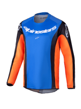 Alpinestars 2025 Youth Racer Melt Jersey, Motocross Long-Sleeve Jersey, bright blue chest with orange sleeves and black side panels, white Alpinestars branding on chest and shoulders, lightweight moisture-wicking fabric for youth off-road riding