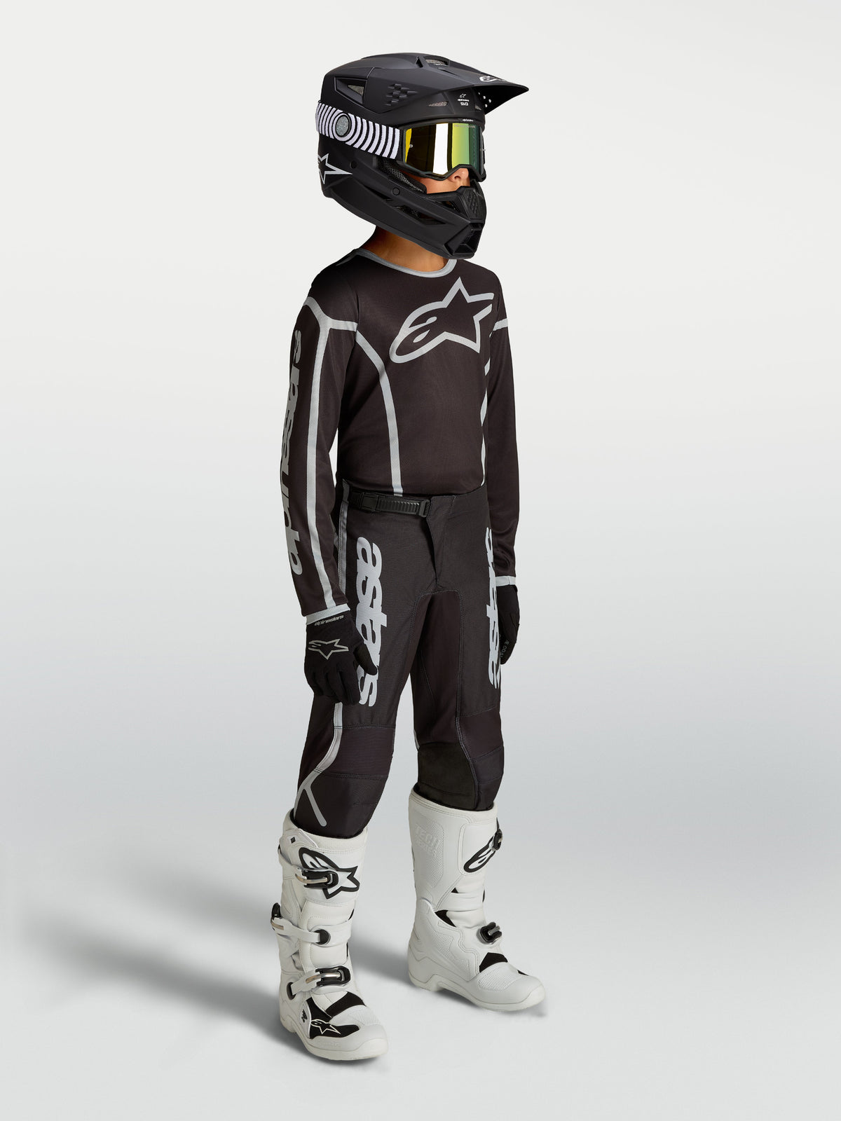 Alpinestars Youth Fluid Apex V2 Jersey and Gear Set, youth motocross outfit, black and silver, breathable textile.