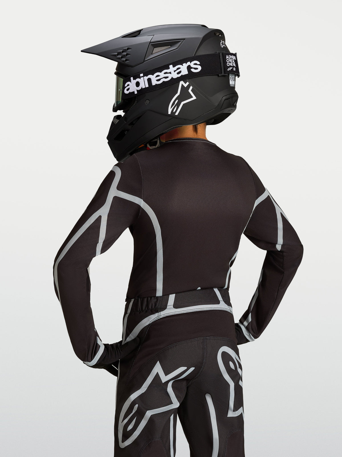 Alpinestars Youth Fluid Apex V2 Jersey, black and silver motocross gear, back view showing the ergonomic athletic cut.
