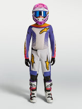 Alpinestars 2027 Youth Fluid Drag Jersey and Gear Set, youth motocross outfit in lilac and white with gold accents.