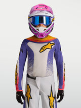 Alpinestars 2027 Youth Fluid Drag Jersey, youth motocross jersey in blue and white with gold accents, breathable textile for off-road riding.