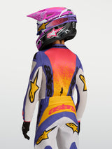 Alpinestars 2027 Youth Fluid Drag Jersey, motocross racing jersey, purple and orange colors, moisture-wicking textile.