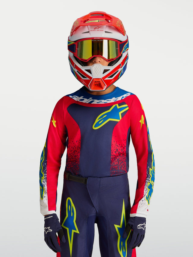 Alpinestars 2027 Youth Fluid Drag Jersey, navy blue and red motocross jersey with yellow accents for youth riders.