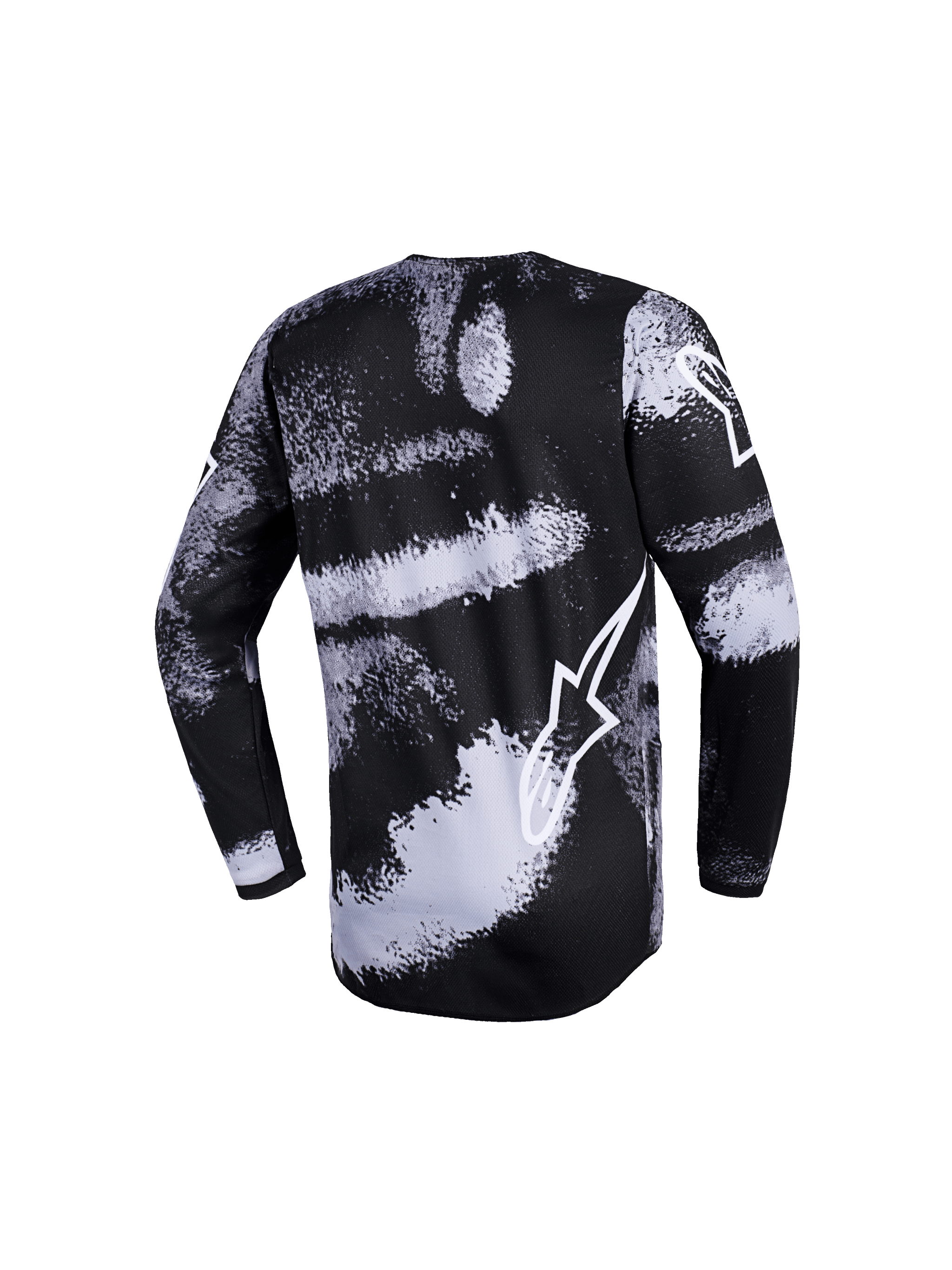 Alpinestars 2026 Youth Fluid Lahnd Jersey, Motocross Jersey, Black and white Iron Camo brush-stroke design, back view, long sleeves, featuring white Alpinestars logo outline, performance-driven off-road gear