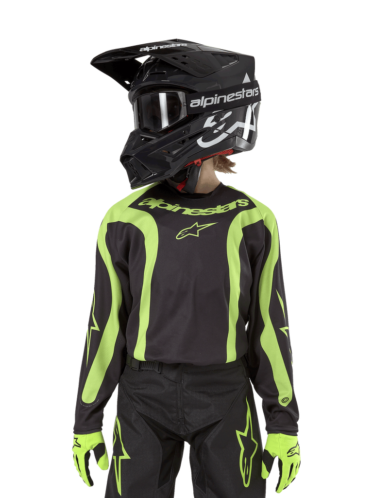 Alpinestars Youth 2024 Racer Lurv Jersey, Motocross Jersey, Youth, Black and Yellow Fluo, moisture-wicking performance construction.
