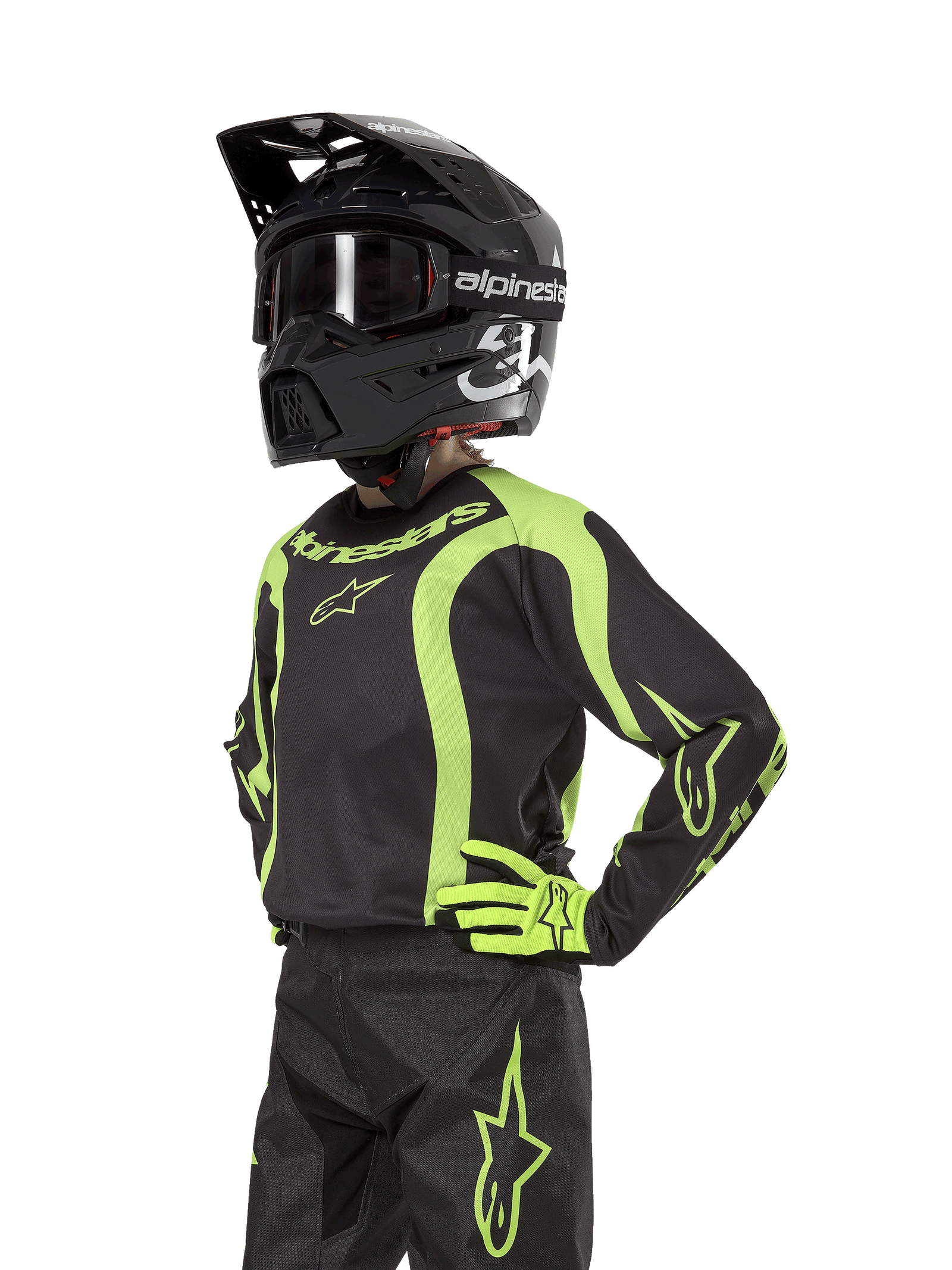 Alpinestars Youth 2024 Racer Lurv Jersey, Youth Motocross Jersey, Black and Yellow Fluo, moisture-wicking construction.