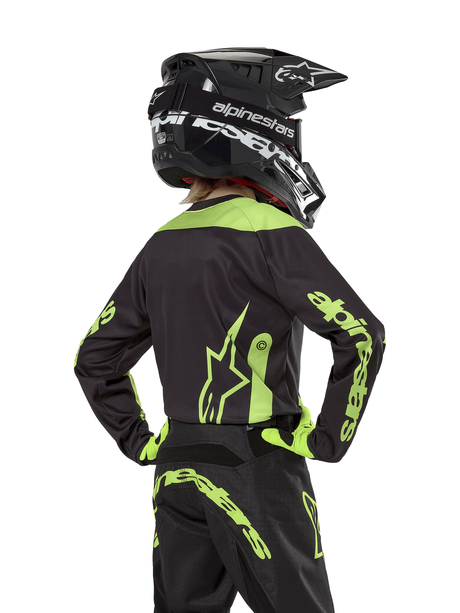 Alpinestars Youth 2024 Racer Lurv Jersey, Black and Yellow Fluo Motocross Jersey, rear view of moisture-wicking racing gear.