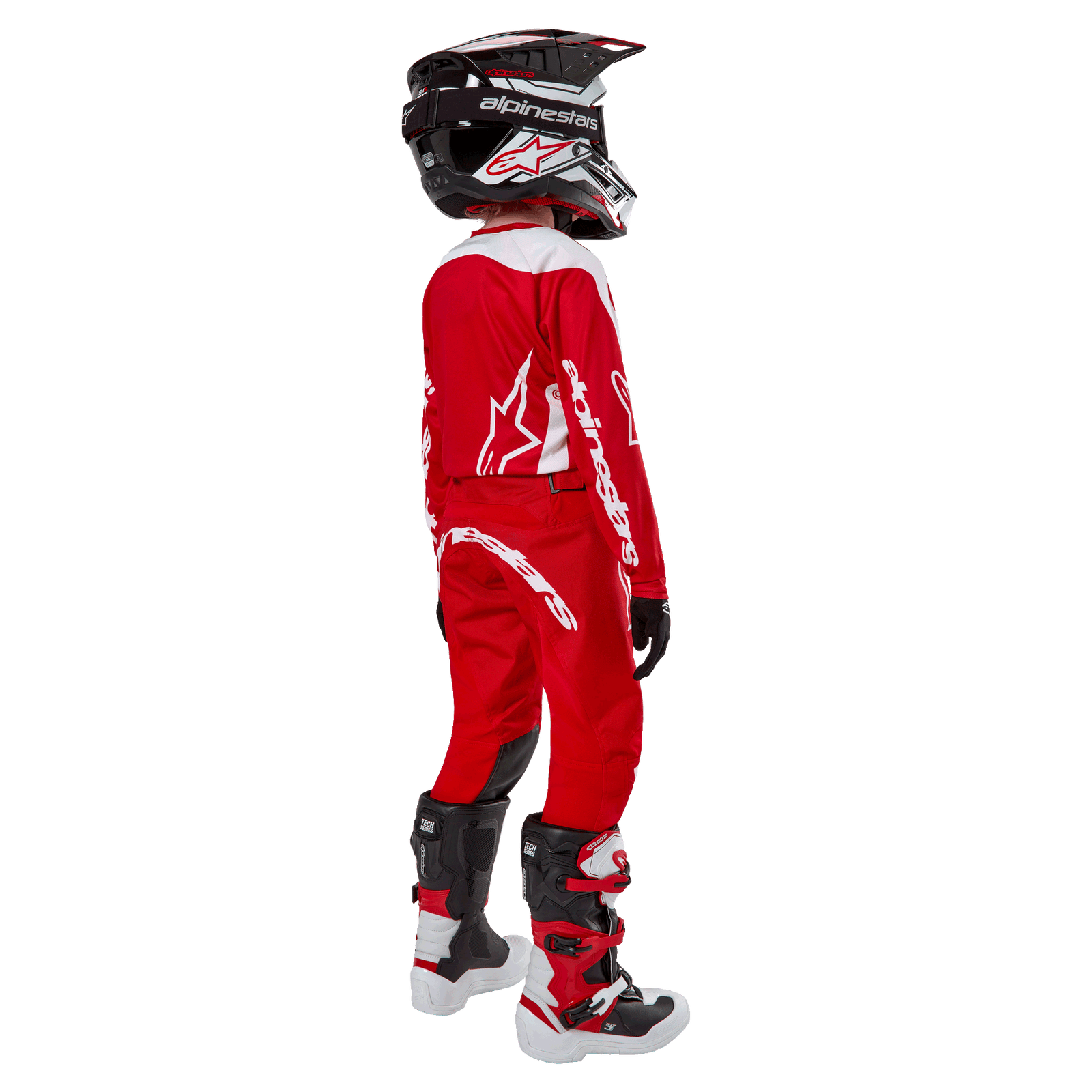 Alpinestars Youth 2024 Racer Lurv Jersey in Mars Red and White, moisture-wicking motocross gear shown from a rear perspective.
