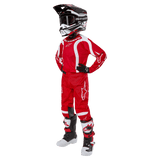 Alpinestars Youth 2024 Racer Lurv Jersey and Pants, Red and White motocross kit with racing helmet and boots.