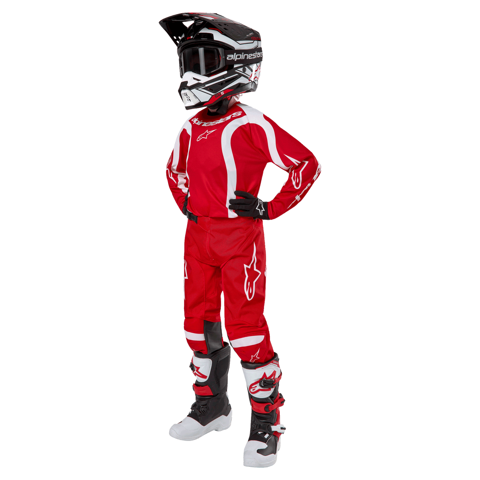 Alpinestars Youth 2024 Racer Lurv Jersey and Pants, Red and White motocross kit with racing helmet and boots.