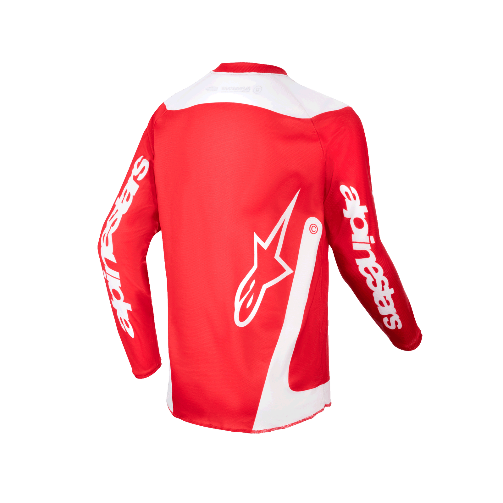 Alpinestars Youth 2024 Racer Lurv Jersey, Red and White Motocross Jersey, moisture-wicking poly-fabric, rear view with star logo.