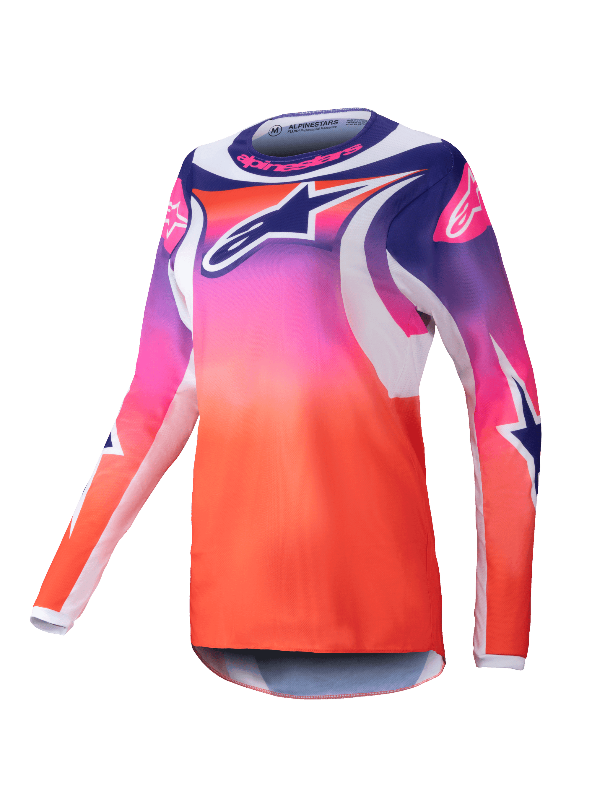 Alpinestars 2025 Stella Fluid Wurx Jersey, Women's Motocross Jersey, purple pink and orange gradient with navy and white star graphics, long-sleeve athletic fit, round neck, performance off-road apparel