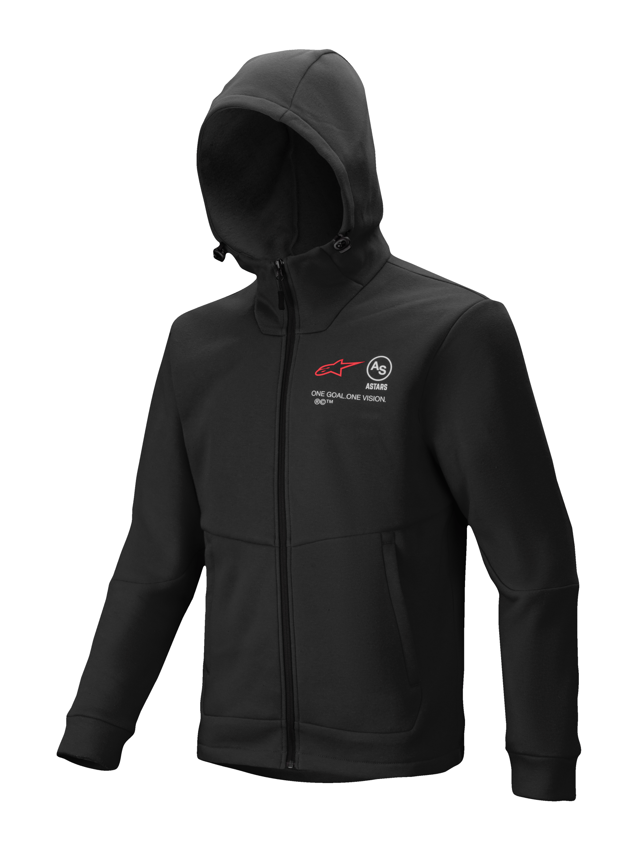 Alpinestars Racer MX Fleece, Black Full-Zip Hoodie, Motocross and Off-Road Riding Outerwear, featuring red and white chest graphics with 'ONE GOAL. ONE VISION.' text, adjustable hood with toggles, zippered hand pockets, ergonomic fit for trackside or riding use