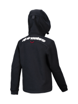 Alpinestars Youth Racer MX Fleece, black motocross hoodie, back view featuring white Alpinestars wordmark across the shoulders, structured fleece with compact hood, ergonomic design for off-road riding