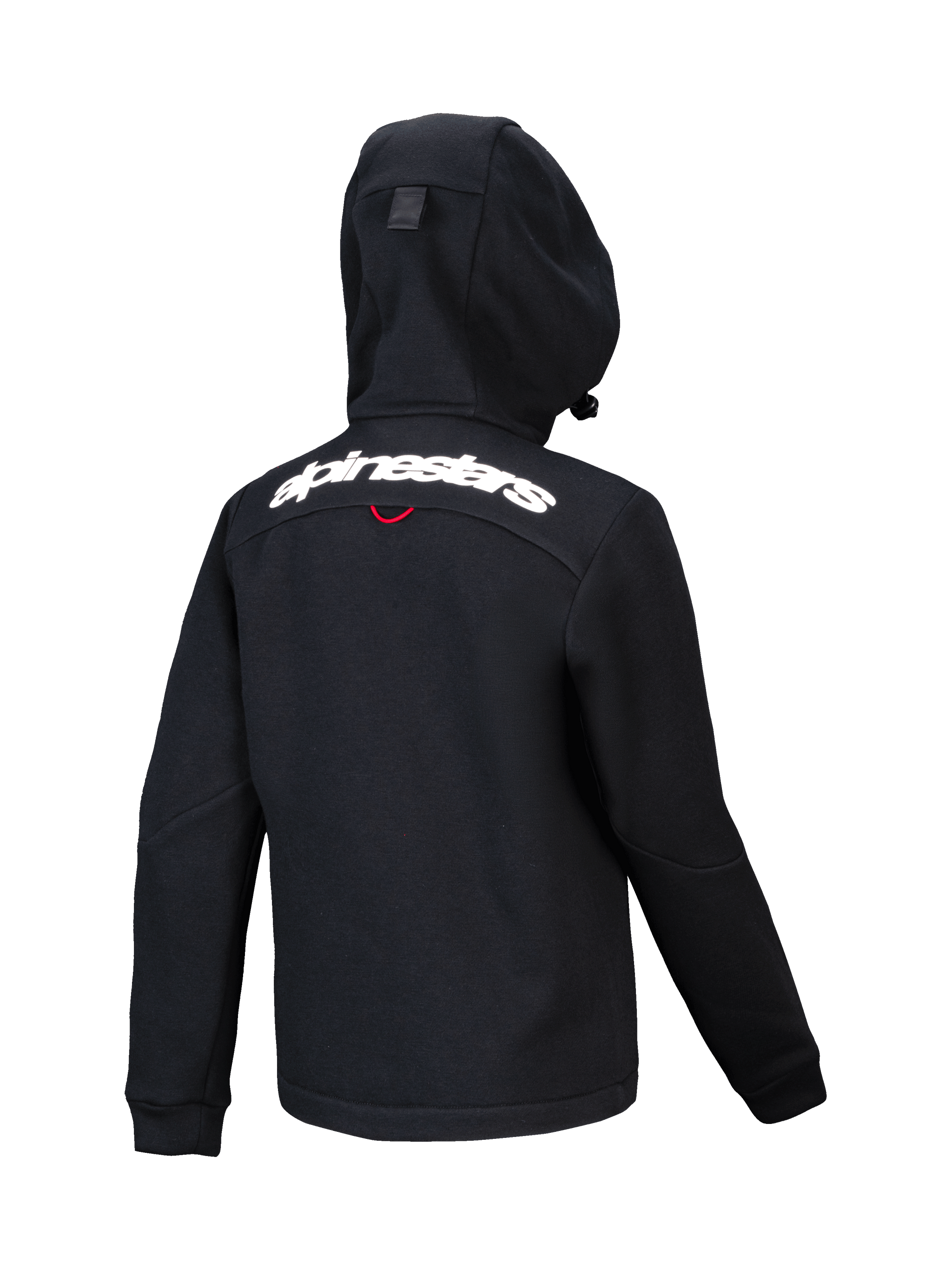 Alpinestars Youth Racer MX Fleece, black motocross hoodie, back view featuring white Alpinestars wordmark across the shoulders, structured fleece with compact hood, ergonomic design for off-road riding