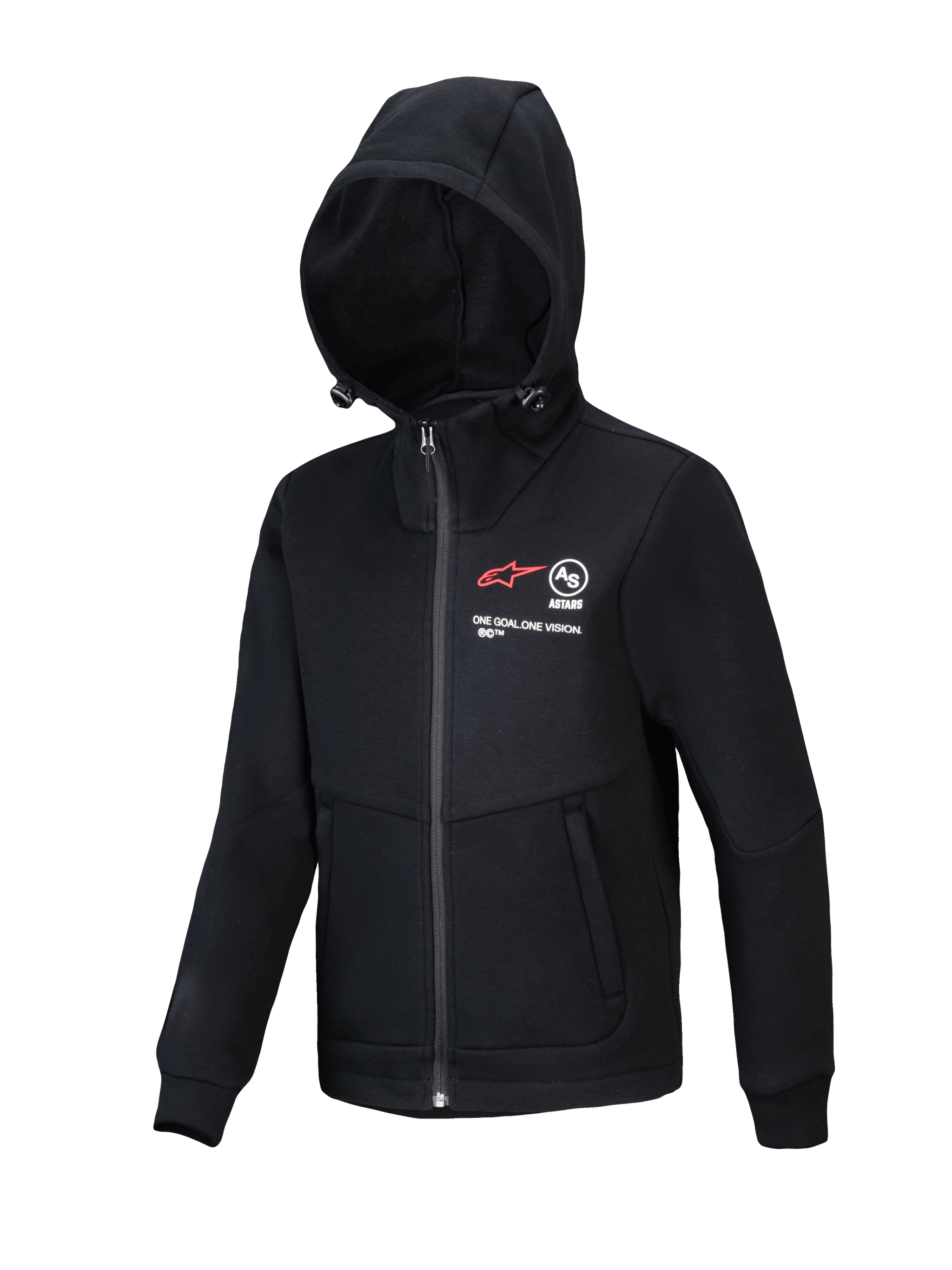 Alpinestars Youth Racer MX Fleece, Black Motocross Hoodie, full-zip jacket with adjustable hood, featuring red A-star logo and "ONE GOAL. ONE VISION." branding, zippered hand pockets, casual performance wear for youth riders