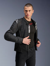 Alpinestars Viper Air V4 Jacket, Black textile motorcycle jacket, worn by male model with black jeans and base layer, unzipped front showing Tech-Air Ready and Alpinestars Protects labels, white logos on shoulders, mesh panels for airflow