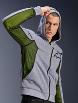 Alpinestars Chrome Air Sport Hoodie, Gray Heather and Black, featuring bright green mesh airflow panels on the side and under sleeves, tech fleece material with hood, black Alpinestars logo on chest, urban motorcycle riding apparel