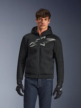 Alpinestars Chrome Superairflow Hoodie, Black zippered motorcycle hoodie featuring a large white chest logo, mesh airflow construction, worn with blue jeans and black gloves, sporty urban riding apparel