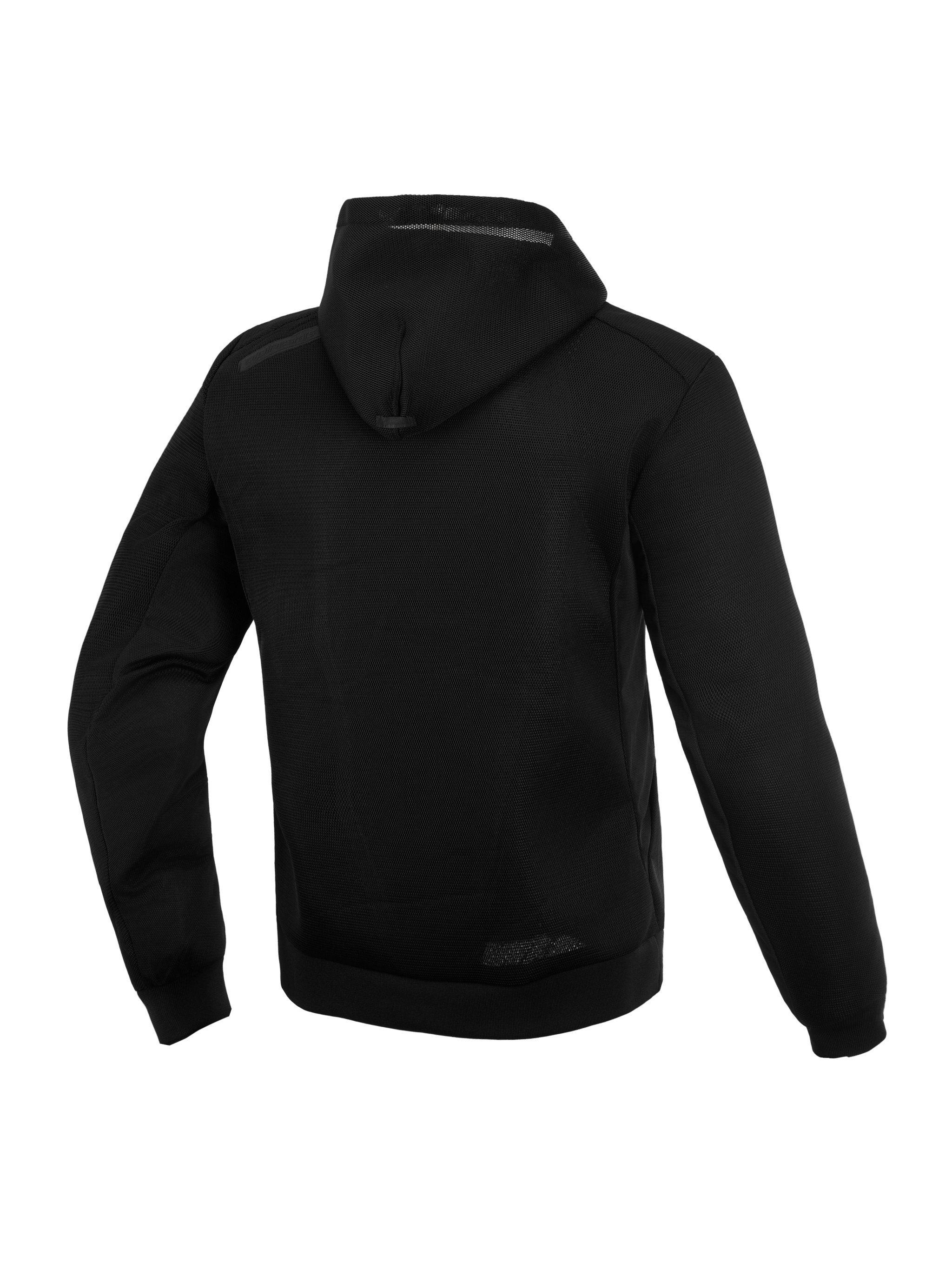 Alpinestars Chrome Superairflow Hoodie, Men's Urban Motorcycle Gear, Black, 3D technical mesh, rear view showing hood.