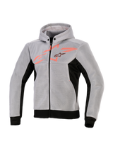 Alpinestars Chrome Superairflow Hoodie, Technical Riding Hoodie, Black Mid Gray and Red Fluo, 3D technical mesh construction, light gray with black side panels and hem, fluo red chest graphic with Alpinestars star logo, sporty motorcycle gear